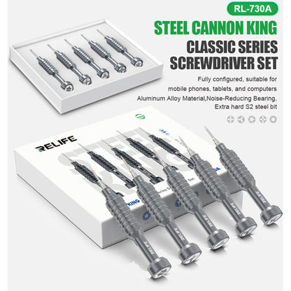 Jeu de tournevis en alliage d'aluminium RELIFE RL-730 Steel Cannon King Classic Series, Star 0.8, Phillips 1.5, Phillips 2.5, Y 0.6, Torx T1