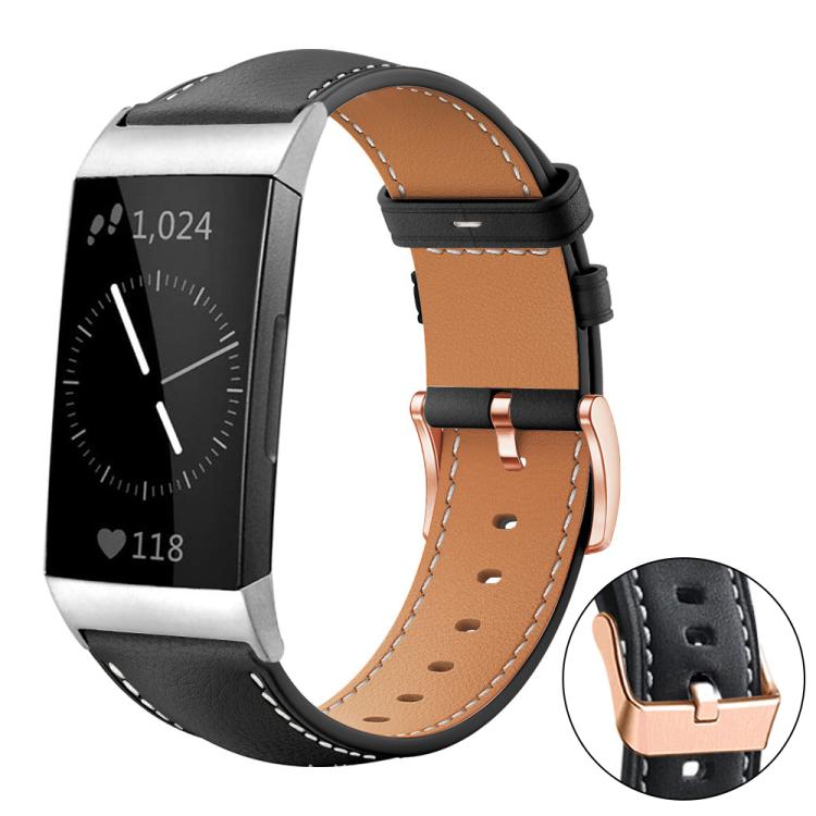 Bracelet de montre xDfind en cuir végan grain fin Black Shark avec boucle or rose, For Fitbit Charge 6 / 5, For Fitbit Versa 4 / 3 / Sense2 / 1, For Fitbit Charge 4 / 3