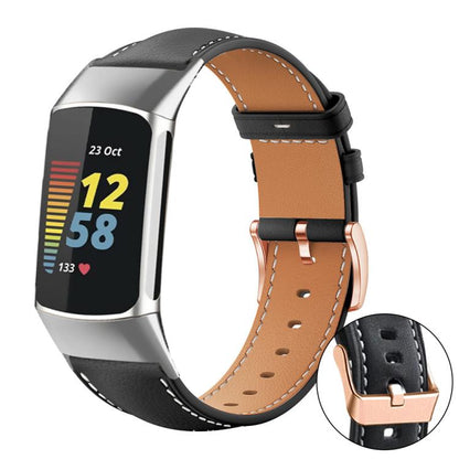 Bracelet de montre xDfind en cuir végan grain fin Black Shark avec boucle or rose, For Fitbit Charge 6 / 5, For Fitbit Versa 4 / 3 / Sense2 / 1, For Fitbit Charge 4 / 3