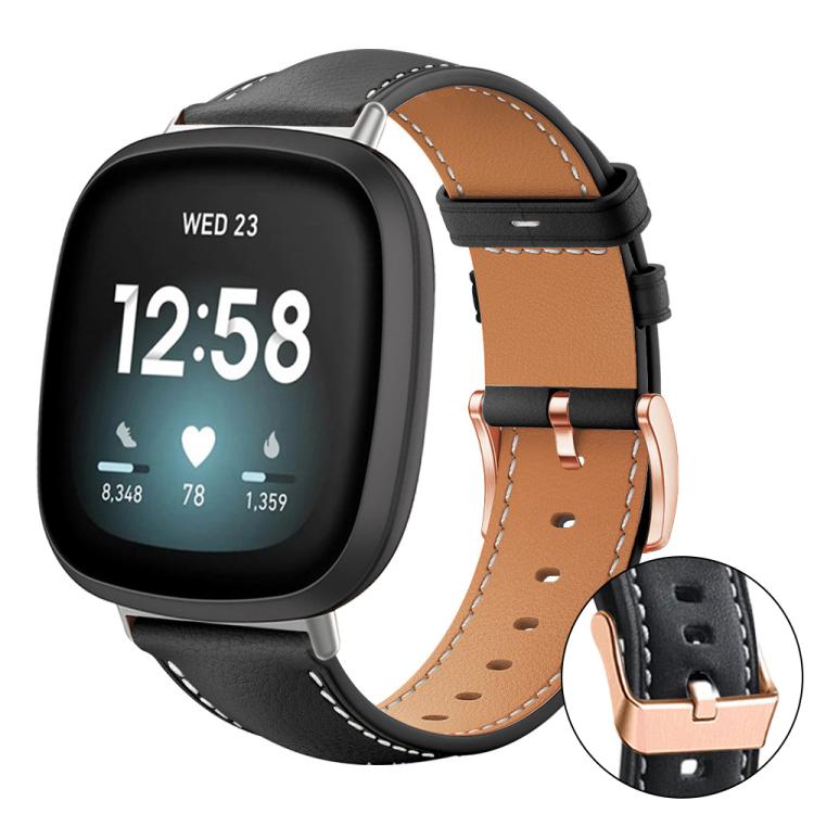 Bracelet de montre xDfind en cuir végan grain fin Black Shark avec boucle or rose, For Fitbit Charge 6 / 5, For Fitbit Versa 4 / 3 / Sense2 / 1, For Fitbit Charge 4 / 3