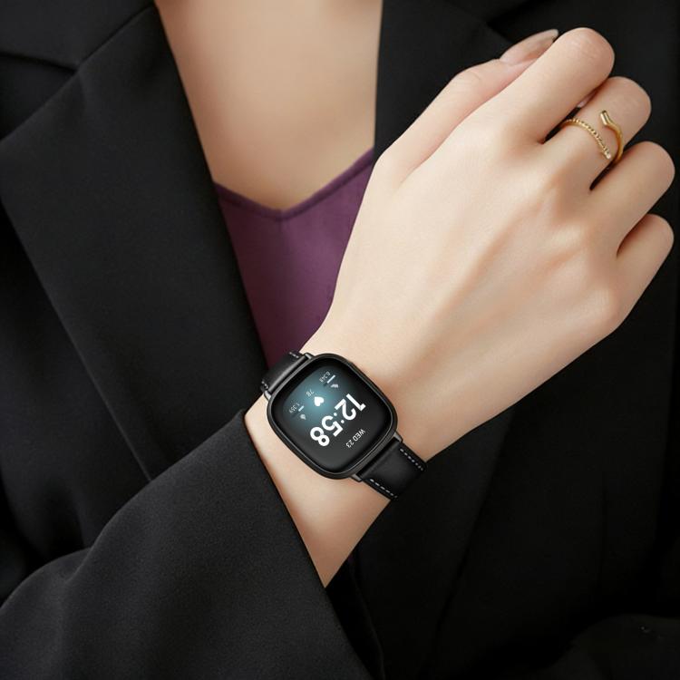 Bracelet de montre xDfind en cuir végan grain fin Black Shark avec boucle or rose, For Fitbit Charge 6 / 5, For Fitbit Versa 4 / 3 / Sense2 / 1, For Fitbit Charge 4 / 3
