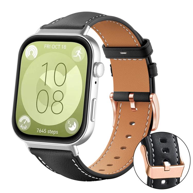Bracelet de montre xDfind en cuir végan grain fin Black Shark avec boucle or rose, For Huawei Watch Fit4 Pro / Fit4 / Fit3