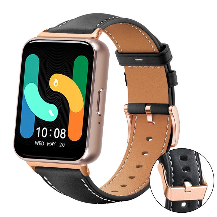 Bracelet de montre xDfind en cuir végan grain fin Black Shark avec boucle or rose, For Samsung Galaxy Watch7 / FE / 6 / 5 / 4, For Samsung Galaxy Fit3