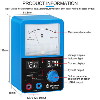 Alimentation intelligente SUNSHINE P5 Mini 5V / 3A à double affichage avec ampèremètre à aiguille, US Plug, EU Plug