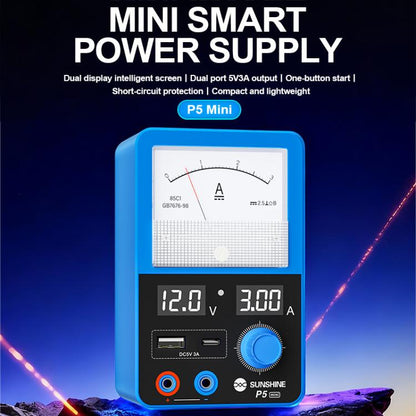 Alimentation intelligente SUNSHINE P5 Mini 5V / 3A à double affichage avec ampèremètre à aiguille, US Plug, EU Plug