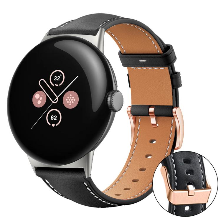 Bracelet de montre xDfind en cuir végan grain fin Black Shark avec boucle or rose, For Google Pixel Watch 4 / 3 / 2 / 1 41mm