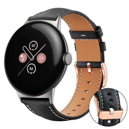 Bracelet de montre xDfind en cuir végan grain fin Black Shark avec boucle or rose, For Google Pixel Watch 4 / 3 / 2 / 1 41mm