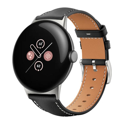 Bracelet de montre xDfind Flat Head Black Shark en cuir grainé fin, For Google Pixel Watch 5 / 4 / 3 / 2 / 1 41mm, For Google Pixel Watch 5 / 4 / 3 45mm