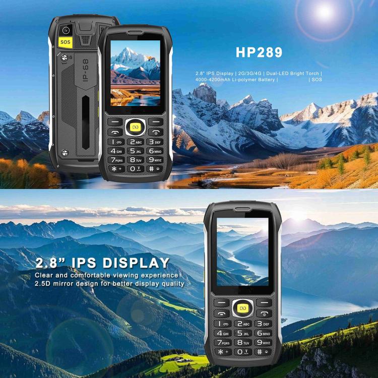 Téléphone robuste HP289 4G IP68, écran 2,8 pouces, batterie 4500 mAh, réseau : 4G, Bluetooth, radio FM, SOS, lampe torche, EU Plug, US Plug, UK Plug, AU Plug