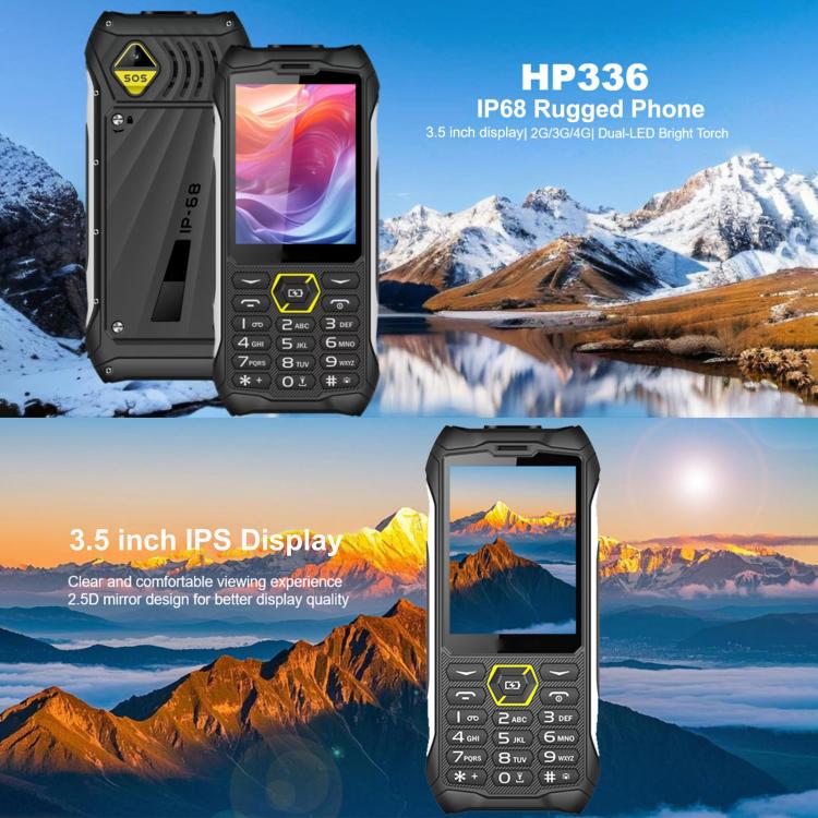 Téléphone robuste HP336 4G IP68, écran 3,5 pouces, batterie 4500 mAh, réseau : 4G, Bluetooth, radio FM, SOS, lampe torche, EU Plug, US Plug, UK Plug, AU Plug