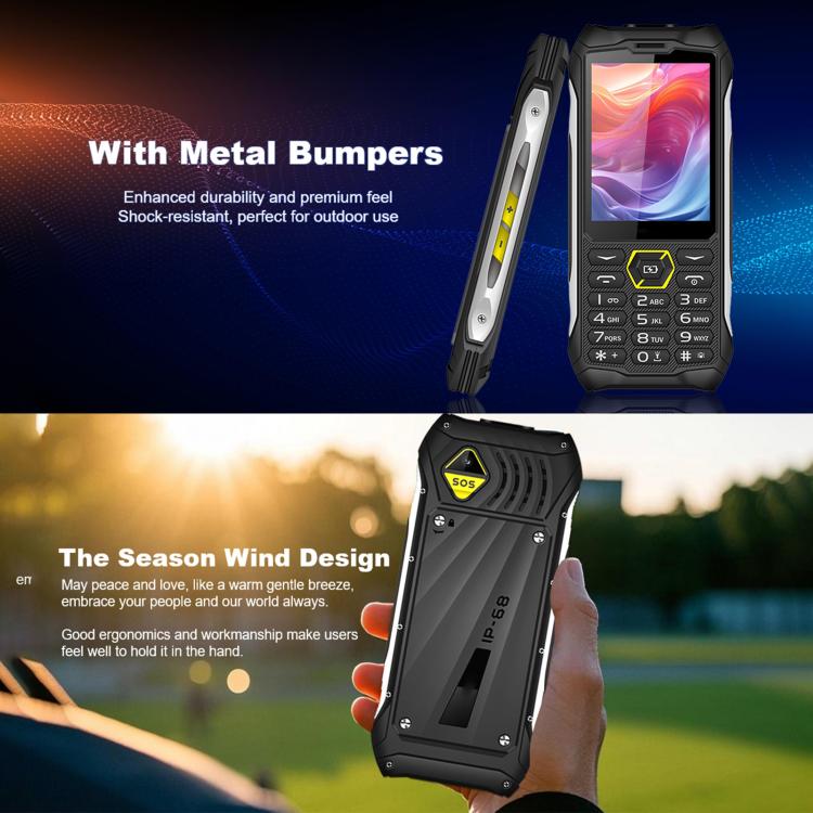 Téléphone robuste HP336 4G IP68, écran 3,5 pouces, batterie 4500 mAh, réseau : 4G, Bluetooth, radio FM, SOS, lampe torche, EU Plug, US Plug, UK Plug, AU Plug