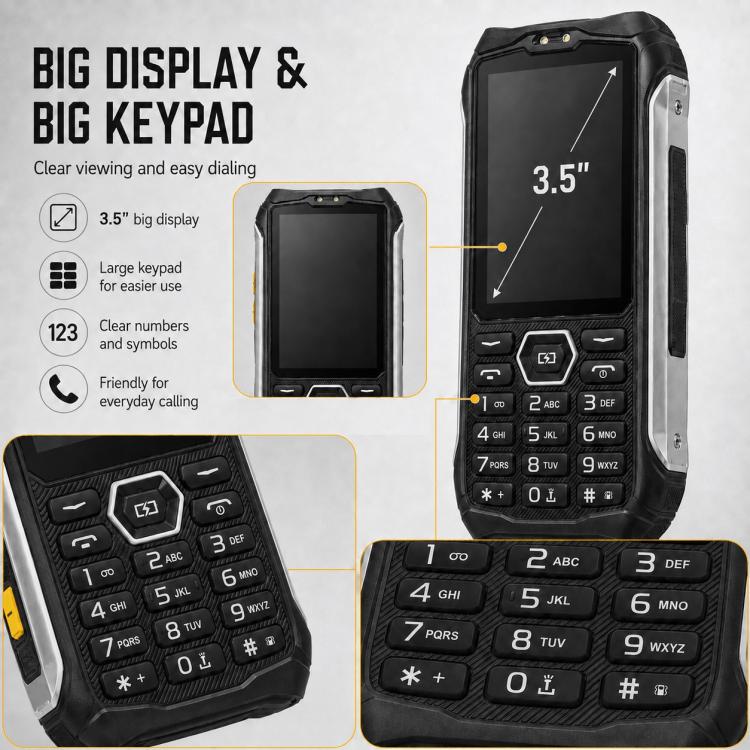 Téléphone robuste HP336 4G IP68, écran 3,5 pouces, batterie 4500 mAh, réseau : 4G, Bluetooth, radio FM, SOS, lampe torche, EU Plug, US Plug, UK Plug