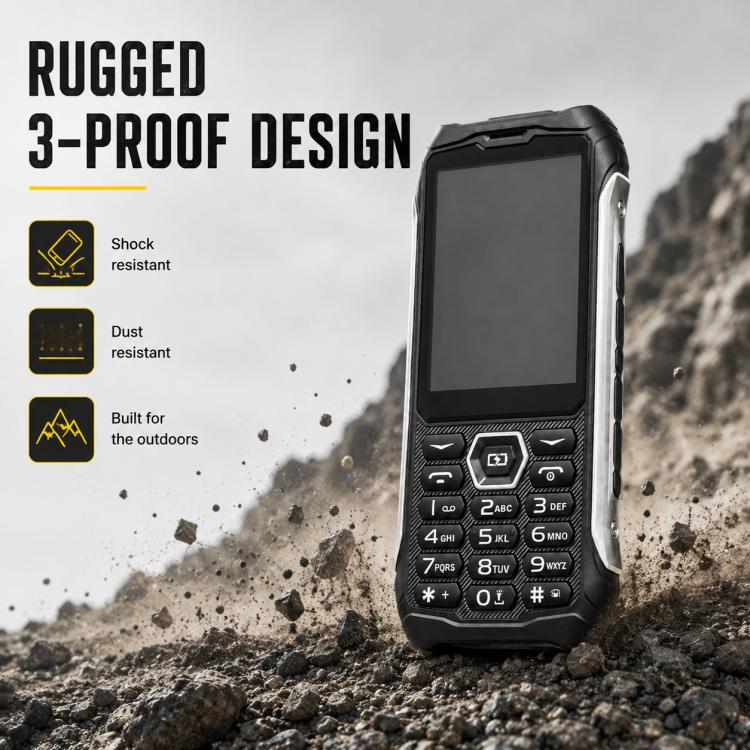 Téléphone robuste HP336 4G IP68, écran 3,5 pouces, batterie 4500 mAh, réseau : 4G, Bluetooth, radio FM, SOS, lampe torche, EU Plug, US Plug, UK Plug