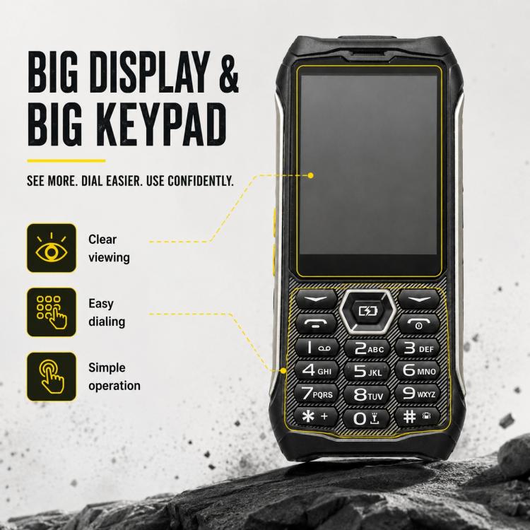 Téléphone robuste HP336 4G IP68, écran 3,5 pouces, batterie 4500 mAh, réseau : 4G, Bluetooth, radio FM, SOS, lampe torche, EU Plug, US Plug, UK Plug