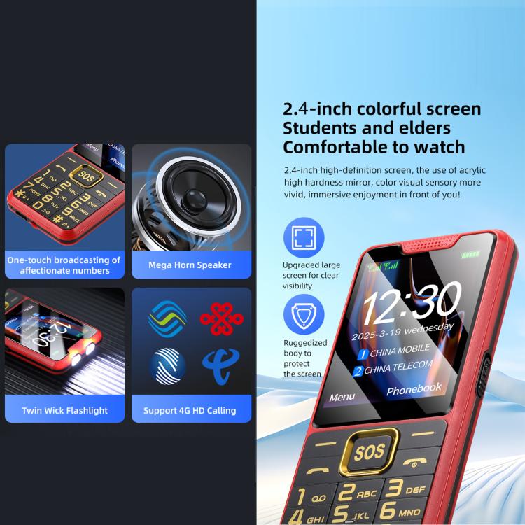 Téléphone YEEMI K3+ 4G à clavier, écran 2,4 pouces, lampe torche LED, grand clavier, gros caractères, SOS, réseau 4G, double SIM