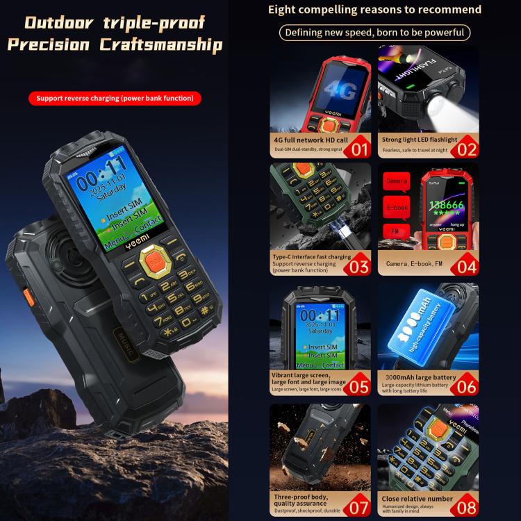 Téléphone robuste YEEMI Q5 4G pour seniors, batterie 16 800 mAh, écran 2,4 pouces, 21 touches, réseau 4G, lampe torche LED, double SIM