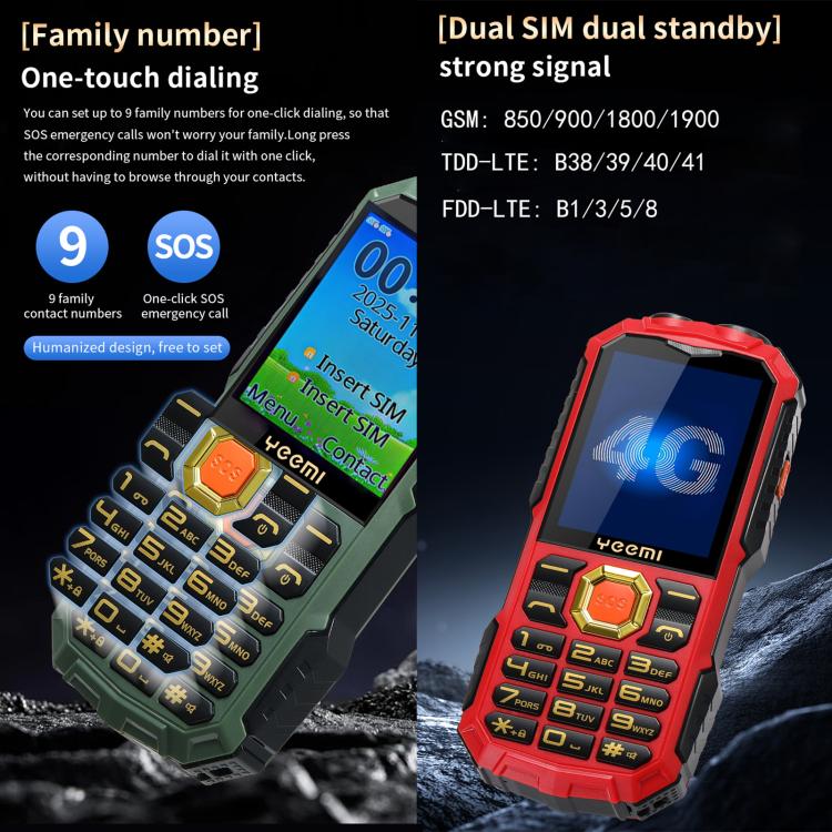 Téléphone robuste YEEMI Q5 4G pour seniors, batterie 16 800 mAh, écran 2,4 pouces, 21 touches, réseau 4G, lampe torche LED, double SIM