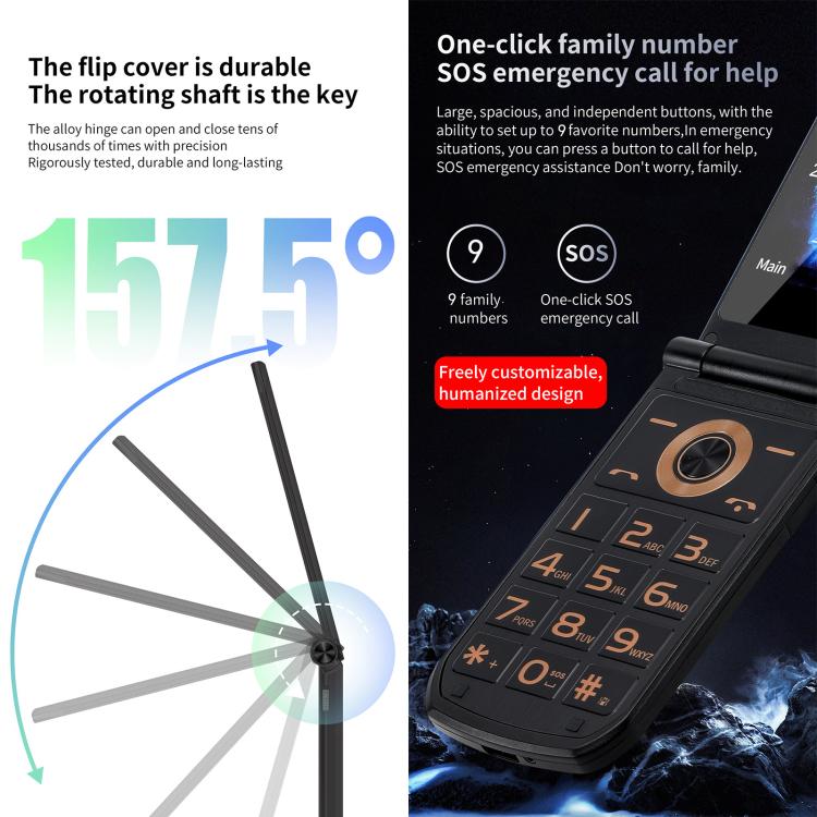 Téléphone à clapet S7 4G, écran 2,4 pouces + 1,44 pouces, batterie 4800 mAh, lampe torche LED, SOS, réseau 4G, double SIM