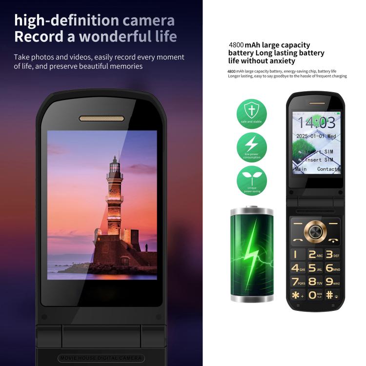Téléphone à clapet S7 4G, écran 2,4 pouces + 1,44 pouces, batterie 4800 mAh, lampe torche LED, SOS, réseau 4G, double SIM