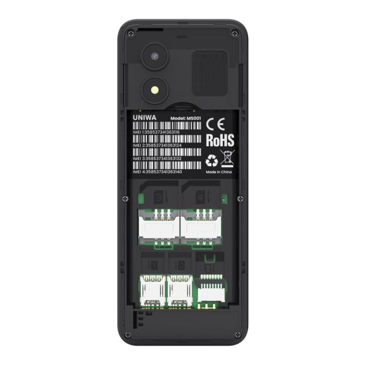Téléphone à clavier UNIWA MS001, écran Spreadtrum SC6531CA de 1,77 pouce, réseau : 2G, 4 SIM + 4 en veille, 21 touches, EU Plug, US Plug, UK Plug, AU Plug