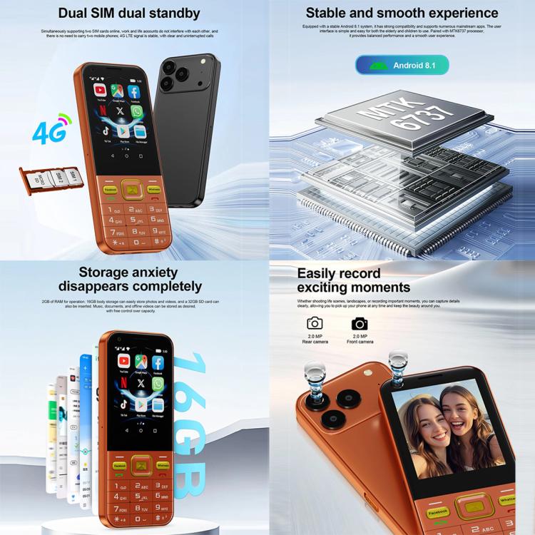 A001 / 17 MP, 2 Go + 16 Go, écran 2,8 pouces, Android 8.1, processeur quadricœur MTK6737, réseau 4G, double SIM