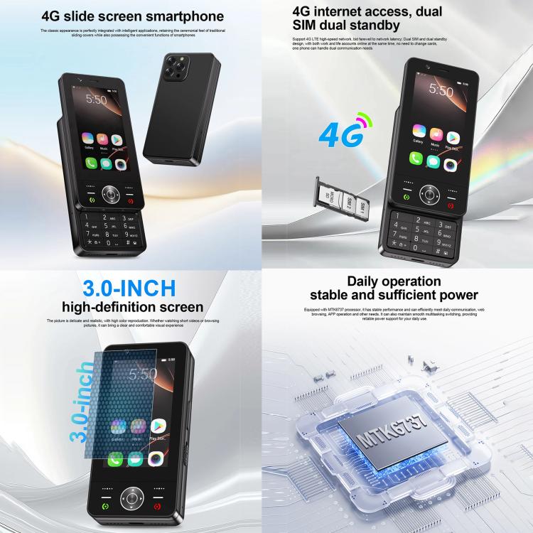 Téléphone coulissant S160, 2 Go + 16 Go, écran 3 pouces, Android 8.1, processeur quadricœur MTK6737, réseau 4G, double SIM