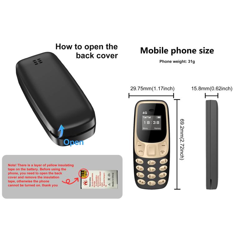 Mini téléphone portable BM10 4G, kit mains libres Bluetooth 0,66 pouce, musique MP3, double SIM, réseau : 4G