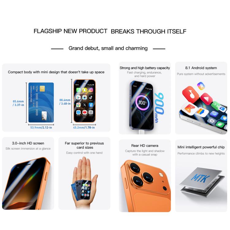 A17 mini, 2 Go + 16 Go, écran 3 pouces, Android 8.1, processeur quadricœur MTK6580, réseau 3G, double SIM