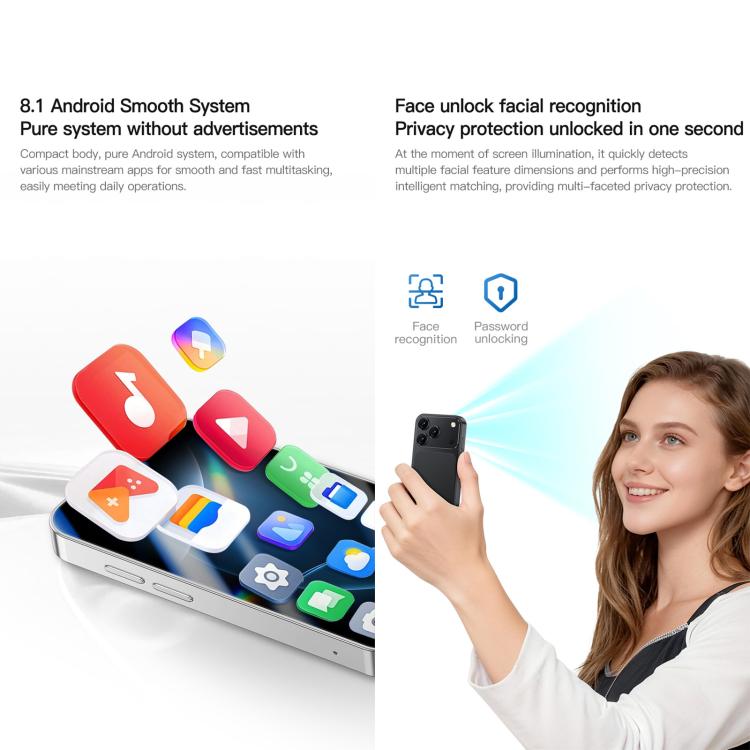A17 mini, 2 Go + 16 Go, écran 3 pouces, Android 8.1, processeur quadricœur MTK6580, réseau 3G, double SIM