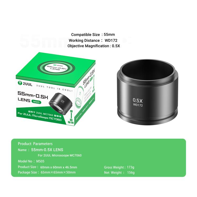 Objectif 2uul MS05 55MM WD172 0,5X pour microscope 2uul MC7060, 2uul MS05