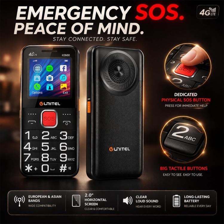 Téléphone it2600 4G, écran 2 pouces, batterie 3500 mAh, fonction SOS, réseau 4G, double SIM