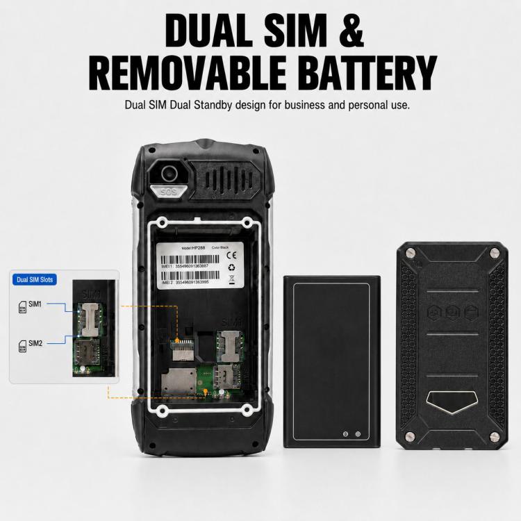Téléphone durci HP288 IP68, écran 2,8 pouces, batterie 4000 mAh, réseau : 2G, Bluetooth, radio FM, SOS, lampe torche, clavier russe, EU Plug, US Plug, UK Plug, AU Plug