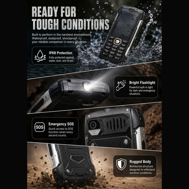 Téléphone durci HP288 IP68, écran 2,8 pouces, batterie 4000 mAh, réseau : 2G, Bluetooth, radio FM, SOS, lampe torche, clavier russe, EU Plug, US Plug, UK Plug, AU Plug