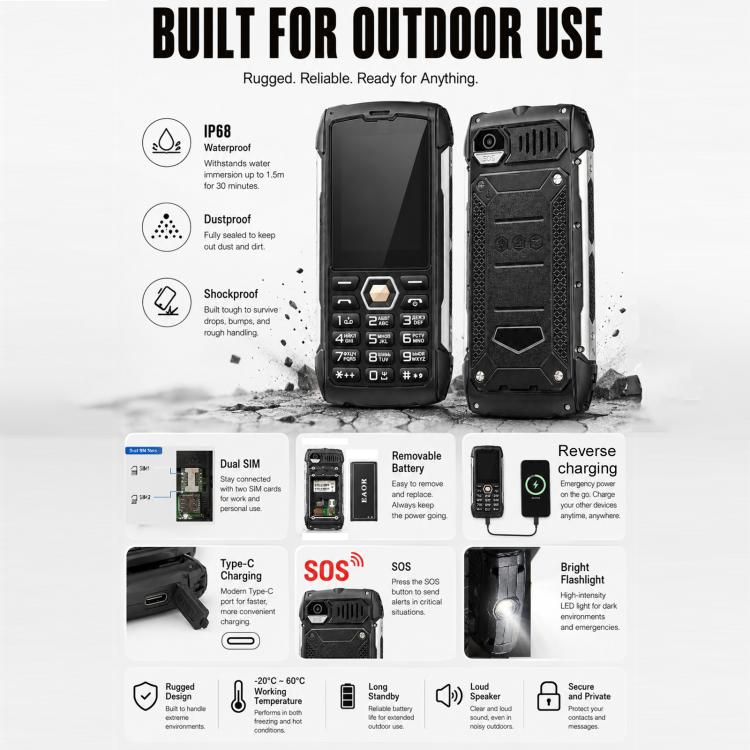 Téléphone durci HP288 IP68, écran 2,8 pouces, batterie 4000 mAh, réseau : 2G, Bluetooth, radio FM, SOS, lampe torche, clavier russe, EU Plug, US Plug, UK Plug, AU Plug