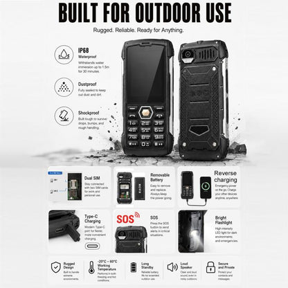 Téléphone durci HP288 IP68, écran 2,8 pouces, batterie 4000 mAh, réseau : 2G, Bluetooth, radio FM, SOS, lampe torche, clavier russe, EU Plug, US Plug, UK Plug, AU Plug