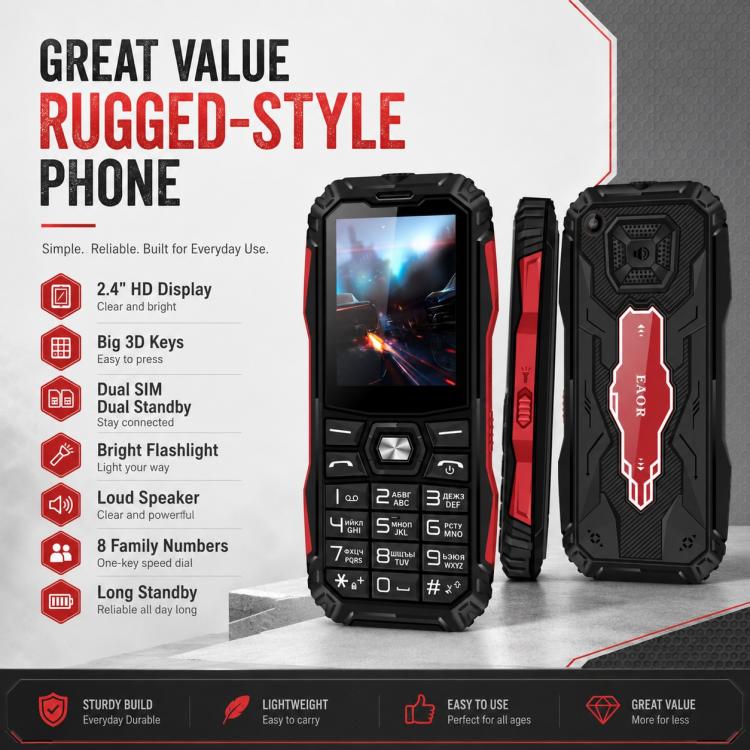 Téléphone robuste HE248, écran 2,4 pouces, touches 3D, réseau : 2G, double SIM, Bluetooth, lampe torche, clavier russe, No Power Plug, US Plug, UK Plug