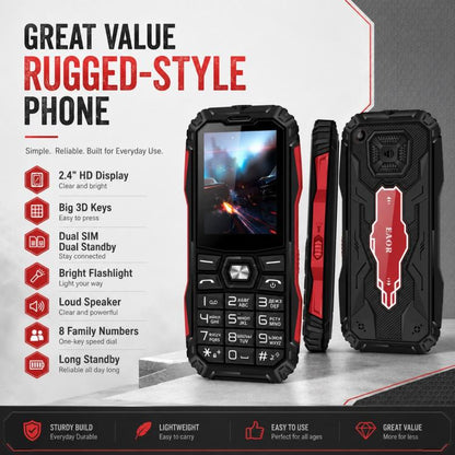 Téléphone robuste HE248, écran 2,4 pouces, touches 3D, réseau : 2G, double SIM, Bluetooth, lampe torche, clavier russe, No Power Plug, US Plug, UK Plug