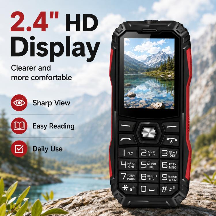 Téléphone robuste HE248, écran 2,4 pouces, touches 3D, réseau : 2G, double SIM, Bluetooth, lampe torche, clavier russe, No Power Plug, US Plug, UK Plug