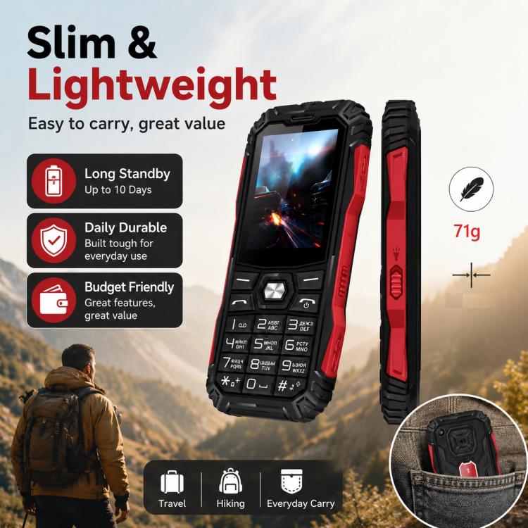 Téléphone robuste HE248, écran 2,4 pouces, touches 3D, réseau : 2G, double SIM, Bluetooth, lampe torche, clavier russe, No Power Plug, US Plug, UK Plug
