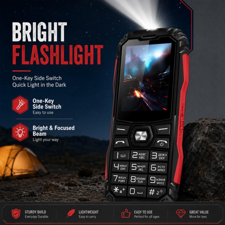 Téléphone robuste HE248, écran 2,4 pouces, touches 3D, réseau : 2G, double SIM, Bluetooth, lampe torche, clavier russe, No Power Plug, US Plug, UK Plug