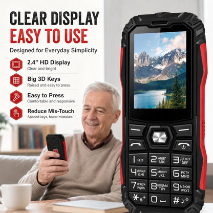 Téléphone robuste HE248, écran 2,4 pouces, touches 3D, réseau : 2G, double SIM, Bluetooth, lampe torche, clavier russe, No Power Plug, US Plug, UK Plug