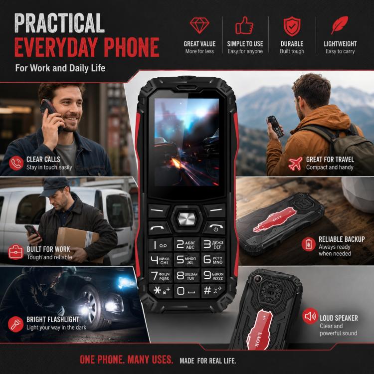 Téléphone robuste HE248, écran 2,4 pouces, touches 3D, réseau : 2G, double SIM, Bluetooth, lampe torche, clavier russe, No Power Plug, US Plug, UK Plug
