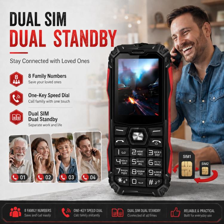Téléphone robuste HE248, écran 2,4 pouces, touches 3D, réseau : 2G, double SIM, Bluetooth, lampe torche, clavier russe, No Power Plug, US Plug, UK Plug