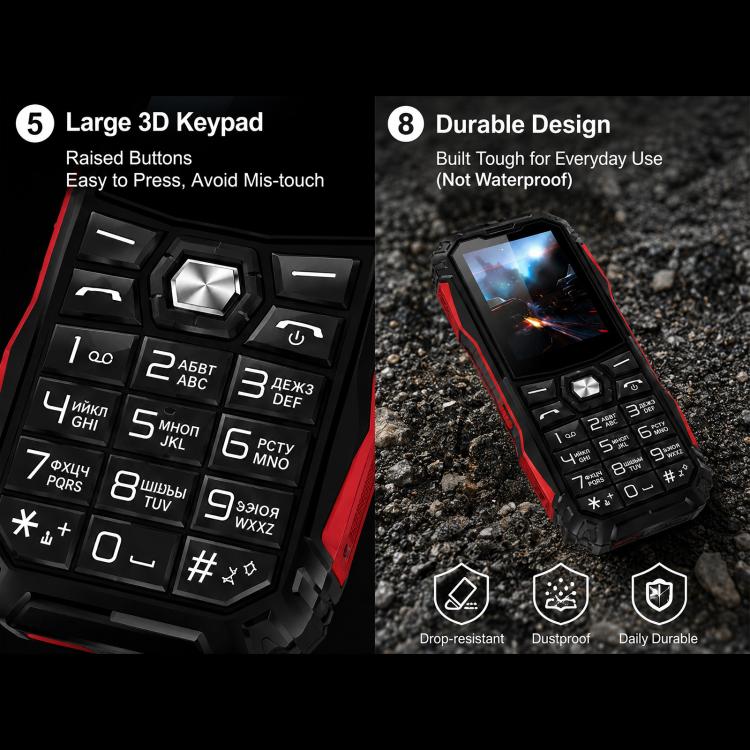 Téléphone robuste HE248, écran 2,4 pouces, touches 3D, réseau : 2G, double SIM, Bluetooth, lampe torche, clavier russe, No Power Plug, US Plug, UK Plug