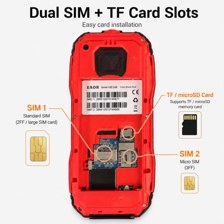 Téléphone robuste HE248, écran 2,4 pouces, touches 3D, réseau : 2G, double SIM, Bluetooth, lampe torche, clavier russe, No Power Plug, US Plug, UK Plug