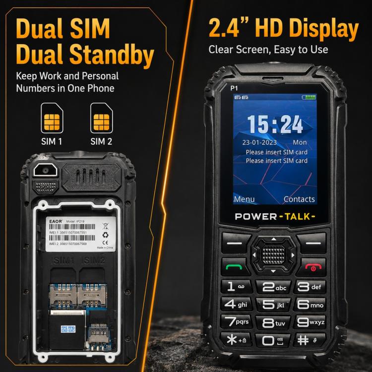 Téléphone durci HP219 IP68, écran 2,4 pouces, SC6531E, réseau : 2G, Bluetooth, radio FM, SOS, lampe torche, EU Plug, US Plug, UK Plug