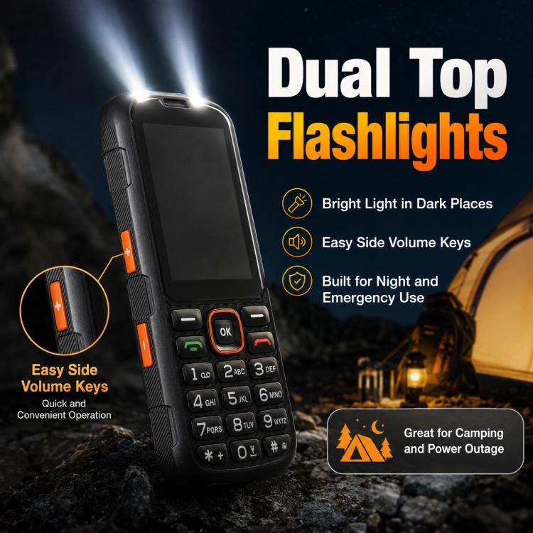 Téléphone durci HP290Z 4G IP68, écran 2,8 pouces, batterie 3000 mAh, réseau : 4G, Bluetooth, radio FM, SOS, lampe torche, avec station de charge, EU Plug, US Plug, UK Plug