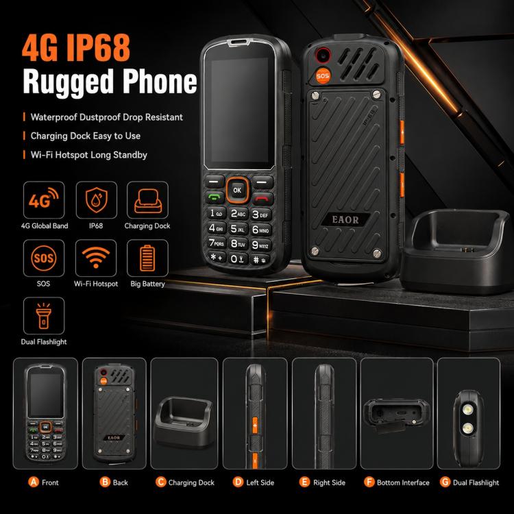 Téléphone durci HP290Z 4G IP68, écran 2,8 pouces, batterie 3000 mAh, réseau : 4G, Bluetooth, radio FM, SOS, lampe torche, avec station de charge, EU Plug, US Plug, UK Plug