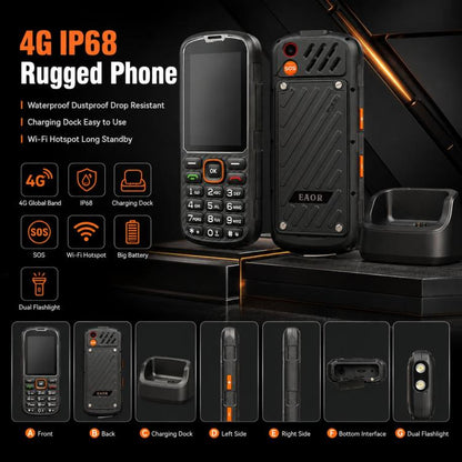 Téléphone durci HP290Z 4G IP68, écran 2,8 pouces, batterie 3000 mAh, réseau : 4G, Bluetooth, radio FM, SOS, lampe torche, avec station de charge, EU Plug, US Plug, UK Plug