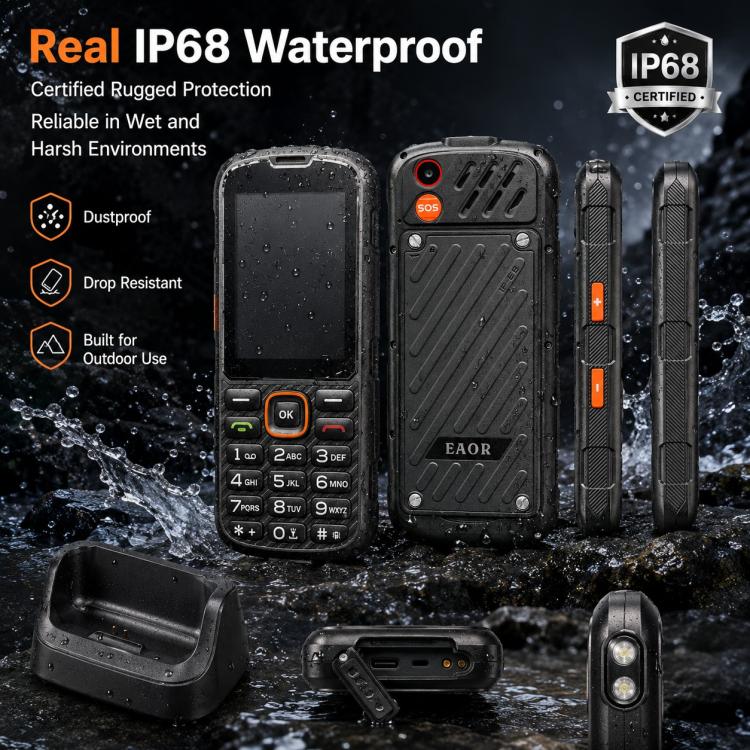 Téléphone durci HP290Z 4G IP68, écran 2,8 pouces, batterie 3000 mAh, réseau : 4G, Bluetooth, radio FM, SOS, lampe torche, avec station de charge, EU Plug, US Plug, UK Plug